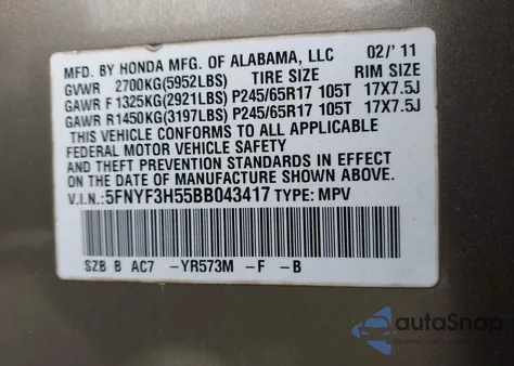 2011 Honda Pilot Ex-L z USA, uszkodzony, nr VIN 5FNYF3H55BB043417